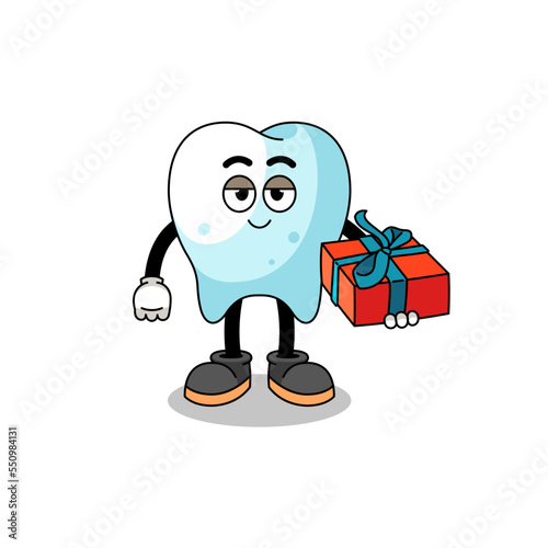 tooth mascot illustration giving a gift