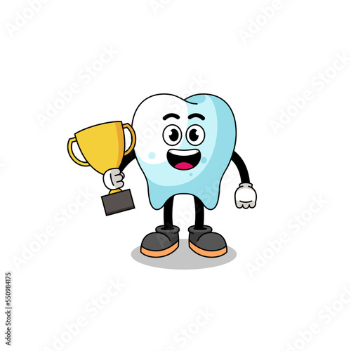 Cartoon mascot of tooth holding a trophy