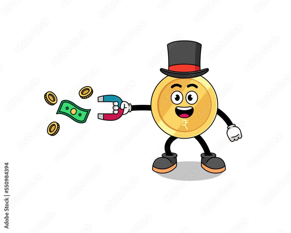 Character Illustration of indian rupee catching money with a magnet