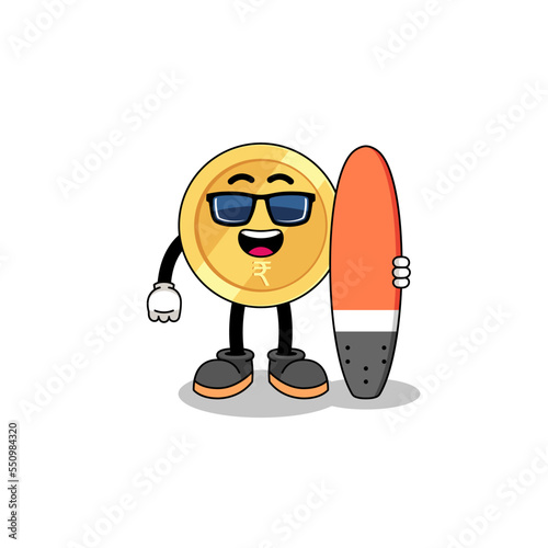 Mascot cartoon of indian rupee as a surfer