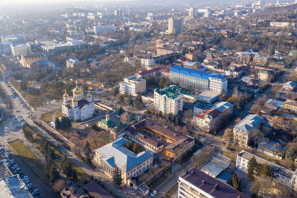 Aerial view of the town and Spassky Cathedral on sunny winter day. Pyatigorsk, Stavropol Krai, Russia.
