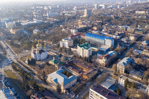Aerial view of the town and Spassky Cathedral on sunny winter day. Pyatigorsk, Stavropol Krai, Russia. © Kirill