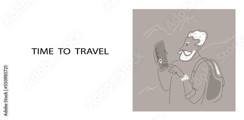 Man elderly male traveler is looking at a map on his phone. Vector doodle outline illustration for banner.
