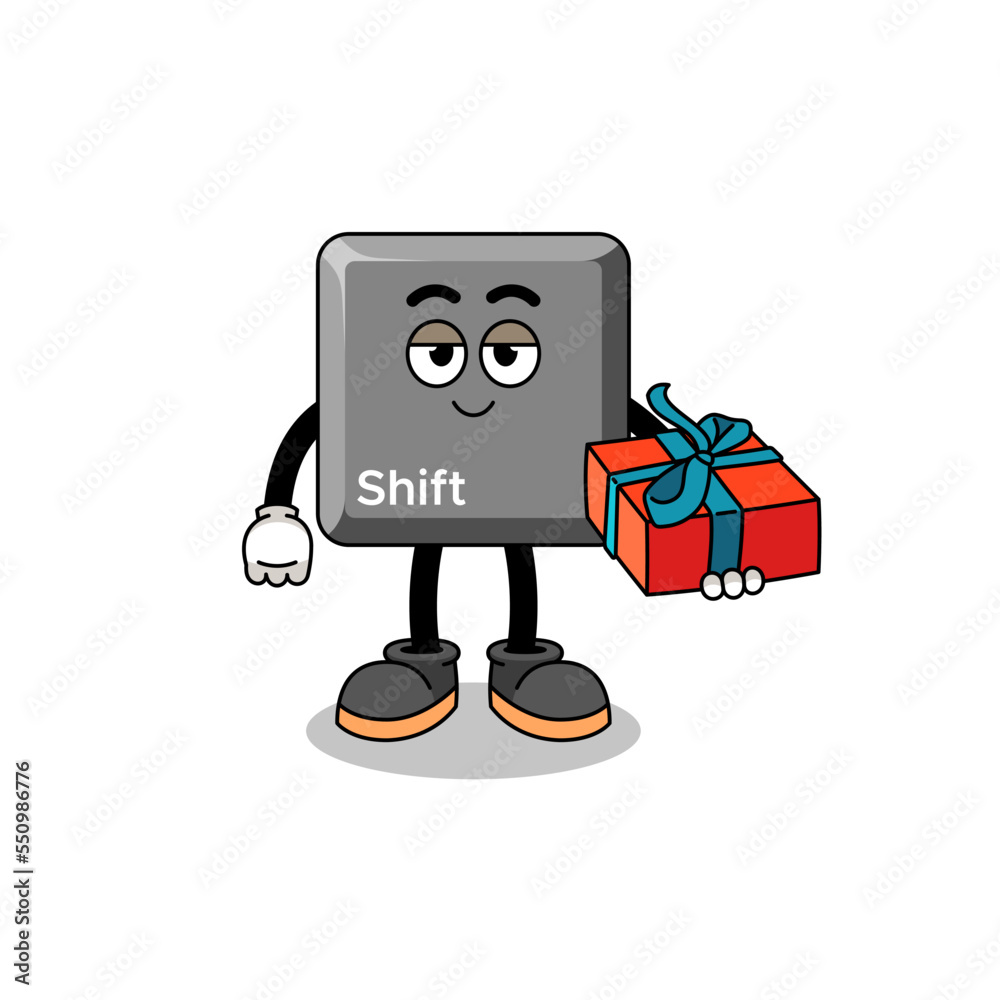 keyboard shift key mascot illustration giving a gift