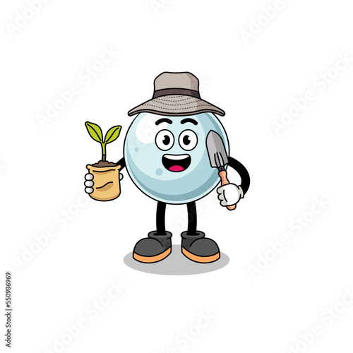 Illustration of silver ball cartoon holding a plant seed