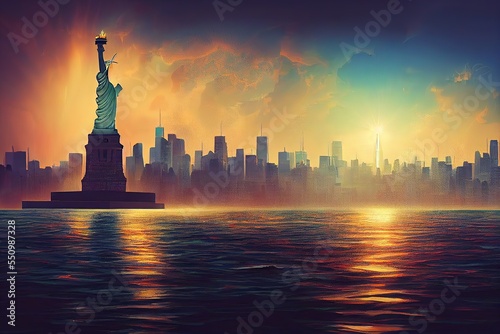 Photo A Beautiful digital artwork of Statue Liberty and New York city skyline at sunse