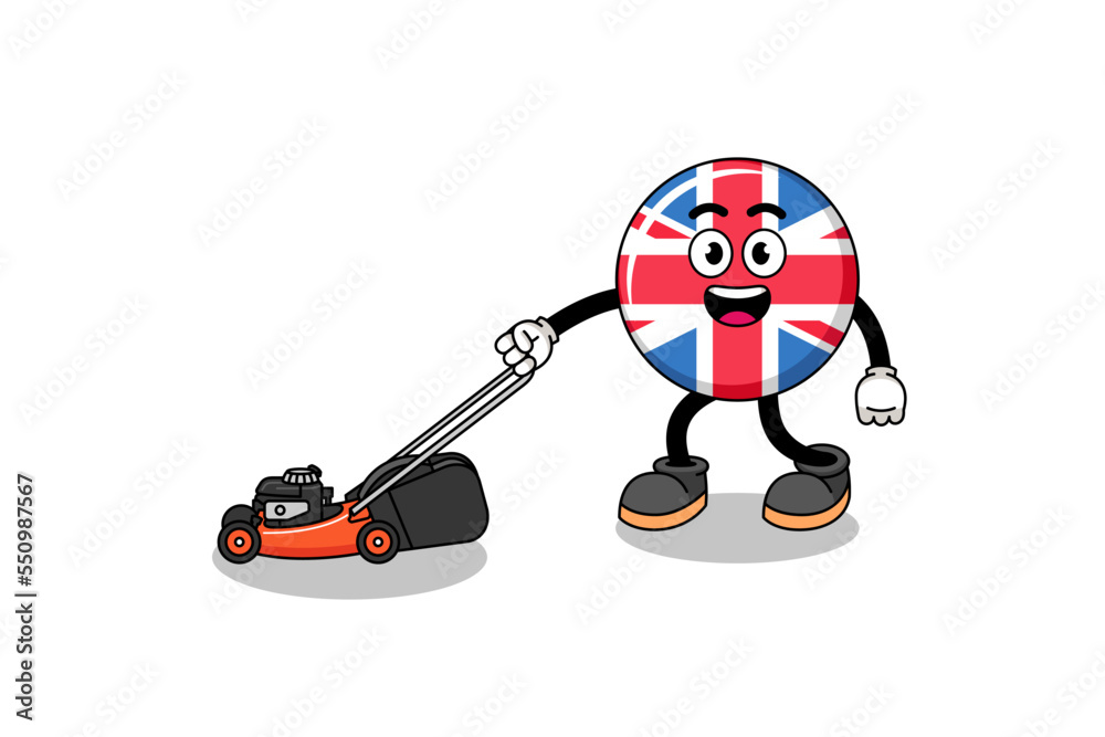 united kingdom flag illustration cartoon holding lawn mower