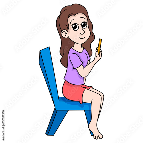 illustration of a beautiful woman sitting happily playing her cellphone