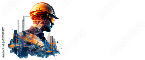 illustration digital building construction engineering with double exposure graphic design. Building engineers, architect people or construction workers working with modern civil equipment technology photo