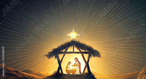 Christmas nativity scene of born child baby Jesus Christ in the manger with Joseph and Mary.illustration Christmas Nativity Scene banner background of baby Jesus in the Christmas with Mary and Joseph.