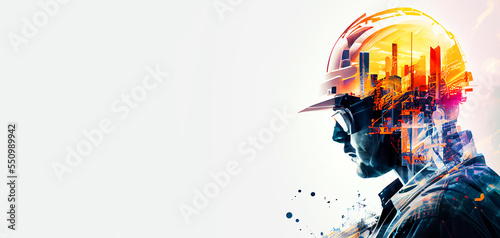 illustration digital building construction engineering with double exposure graphic design. Building engineers, architect people or construction workers working with modern civil equipment technology