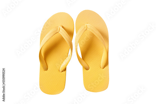 Bright yellow flipflop beach shoe summer sandals pair isolated transparent background PNG file