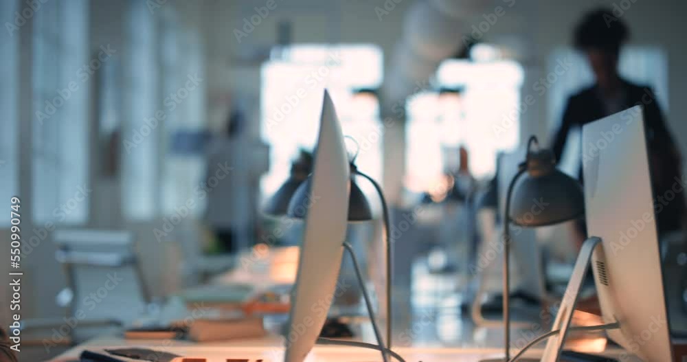 Computer, business people and digital workspace for marketing analytics, website report writing or seo data with office team. Editing software, copywriting and focus of employees on desktop screen