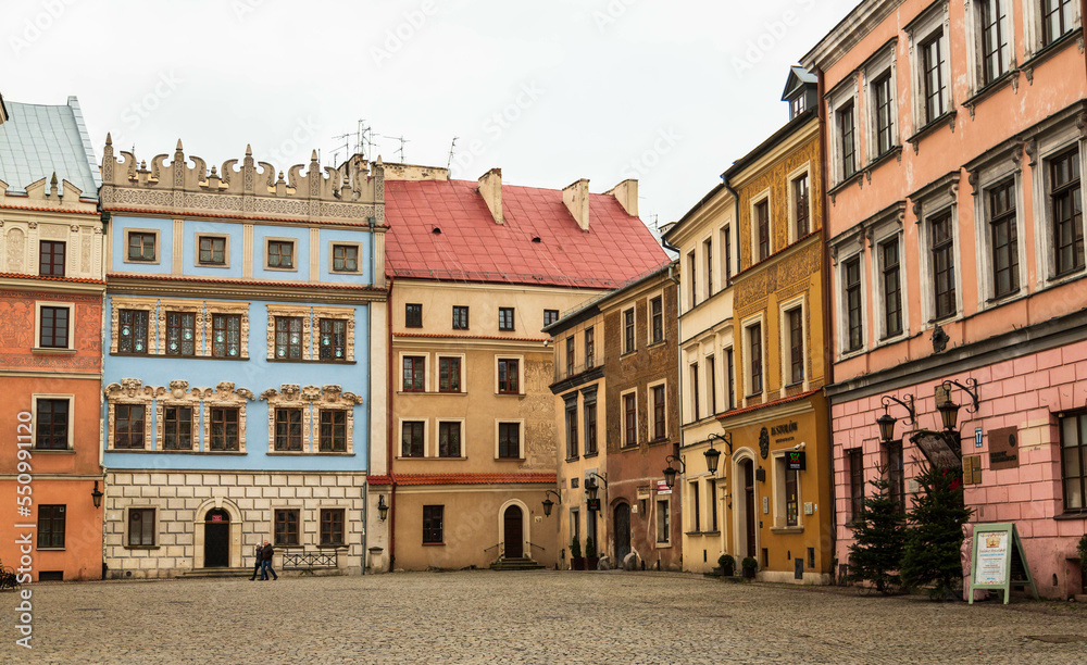 Colorful houses in the beautiful old city of Lublin at Christmas. Lublin, Poland