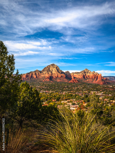 West Sedona Skyline and dramatic cloudscape with vistas of Sugarloaf Mountain Summit and Coffee Pot Rock  view from the Airport Mesa  Arizona  USA