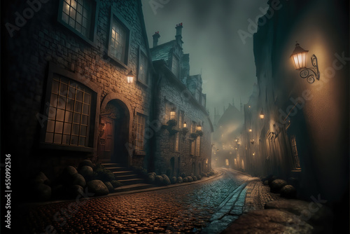 Fotografiet AI generated image of Victorian London on a moody evening with gas-lights, fog a