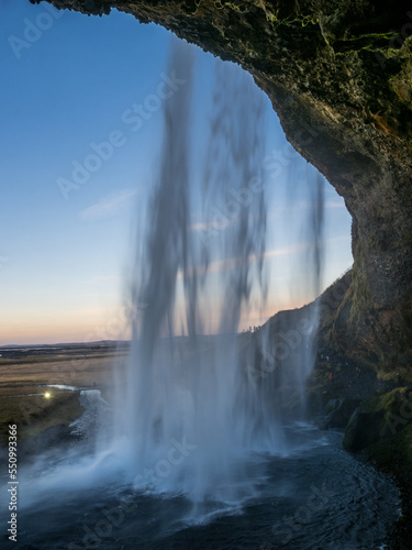 Seljalandsfoss waterfall at early winter sunset