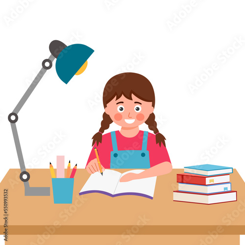 Happy girl kid doing homework in flat design on white background.