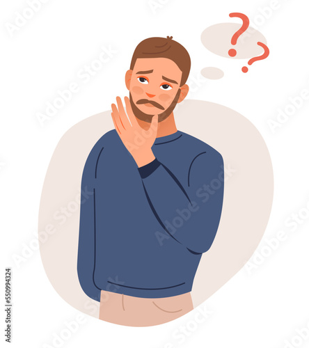 A thoughtful man with a question. Puzzled business  man doubting, deciding, setting priorities. Flat vector illustration isolated on white background