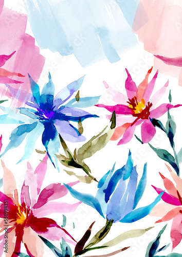 Floral print for postcards, invitations, design. Watercolor flowers in the form of a print. Abstract spring background. Watercolor flower texture © Andrei