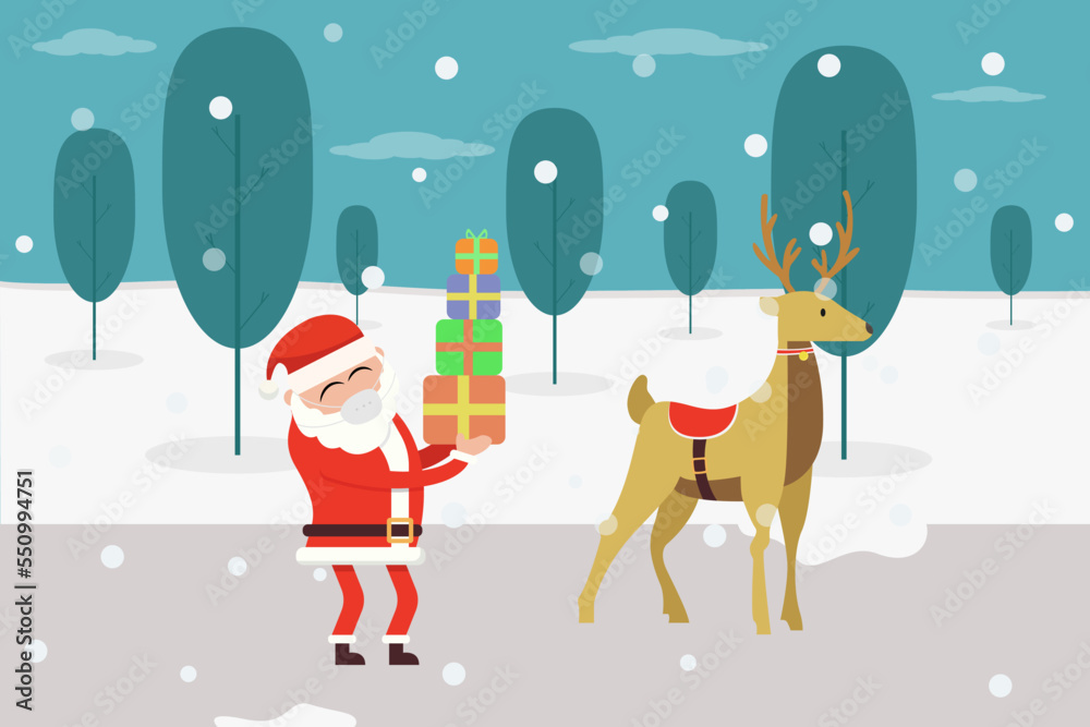 santa claus christmas gift and reindeer at the snowy park in winter santa claus christmas gift and reindeer at the snowy park in winter