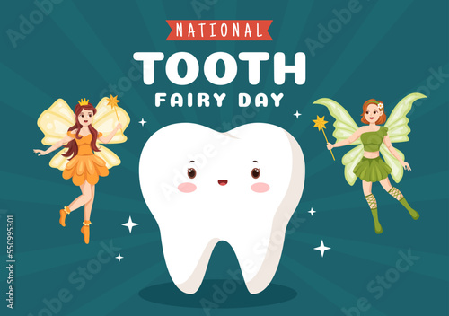 National Tooth Fairy Day with Little Girl to Help Kids for Dental Treatment Fit as a Poster in Flat Cartoon Hand Drawn Template Illustration