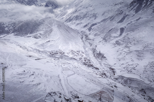 Dunta village after snowfall. Mountain Digoria, North Ossetia, Russia.