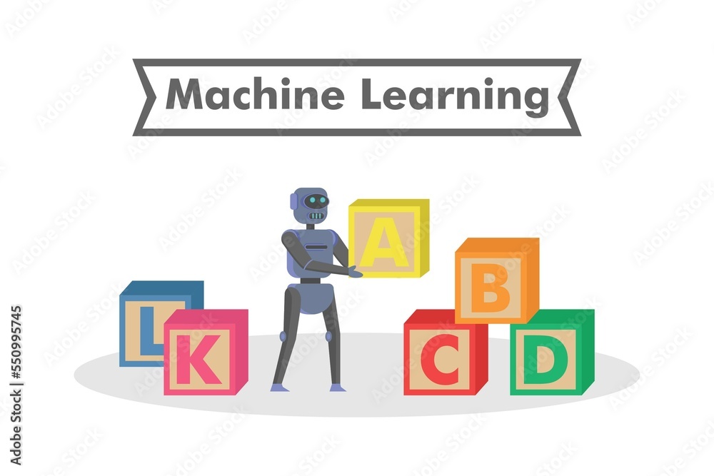 Robot arrange wooden blocks alphabet. machine learning concept