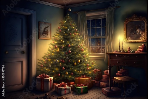 Christmas Tree In a regular house surrounded With Gifts for the Kids on christmas eve. © Sebastián Hernández