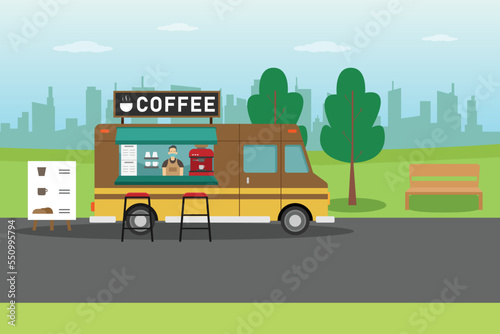 Street vendor selling coffee on his van. Small business street food illustration concept