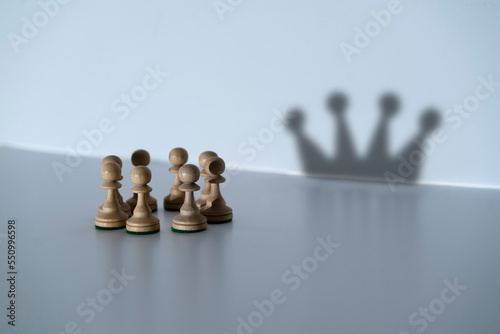 abstract concept  chess pawns make a shadow of queen or king crown