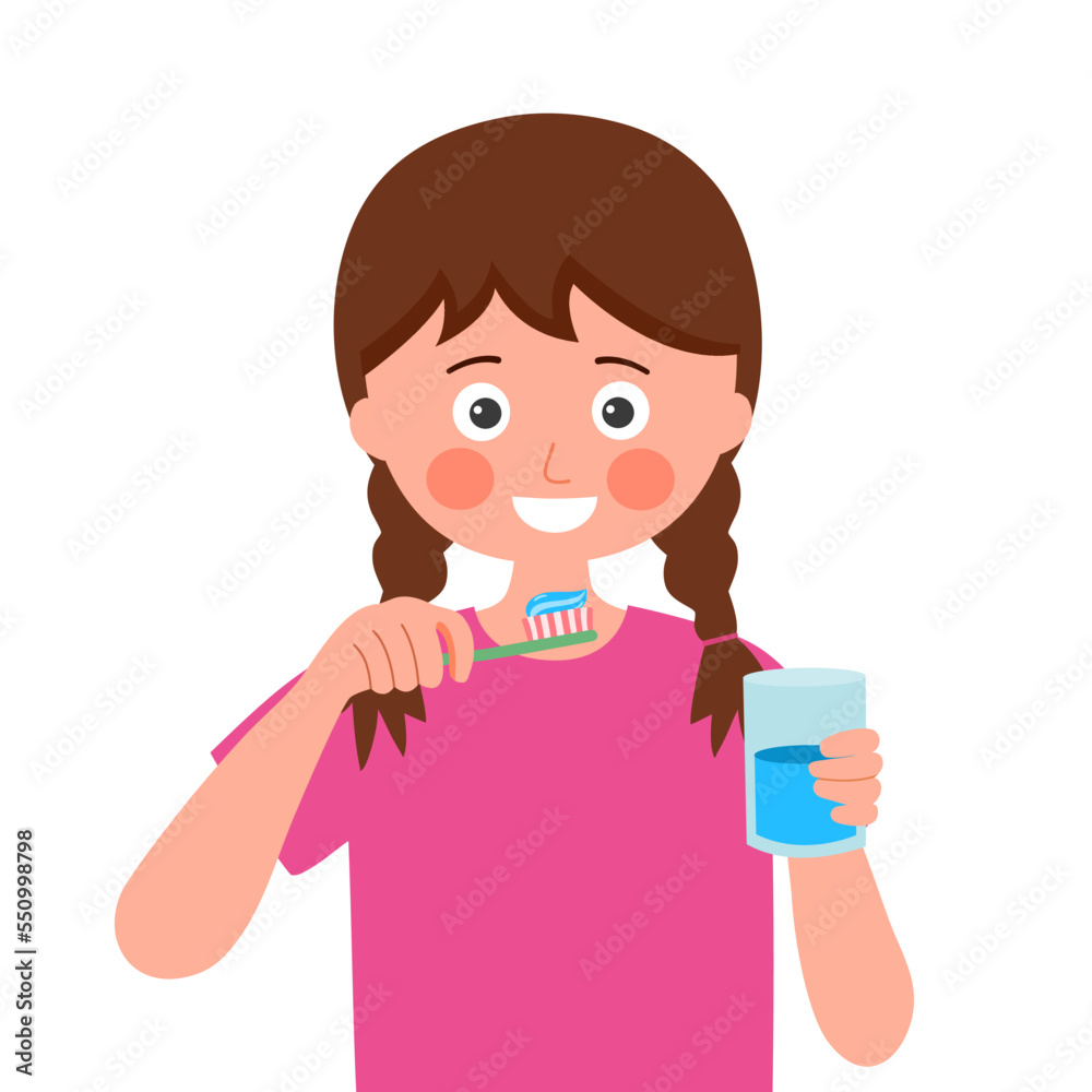 Children girl brushing teeth in the bathroom in flat design. Kids cleaning teeth to prevent tooth decay. Dental care. Children girl brushing teeth in the bathroom in flat design. Kids cleaning teeth to prevent tooth decay. Dental care.