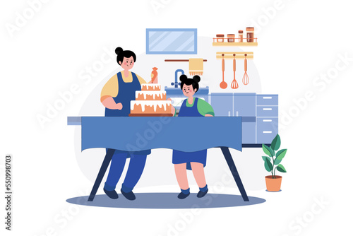 Mother and daughter making cake together