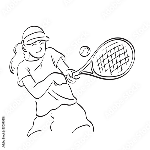 line art athlete Asian woman playing tennis and hitting ball with racket illustration vector hand drawn isolated on white background
