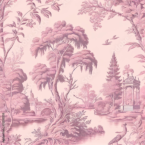 Wallpaper Mural Pink toile fabric pattern Torontodigital.ca