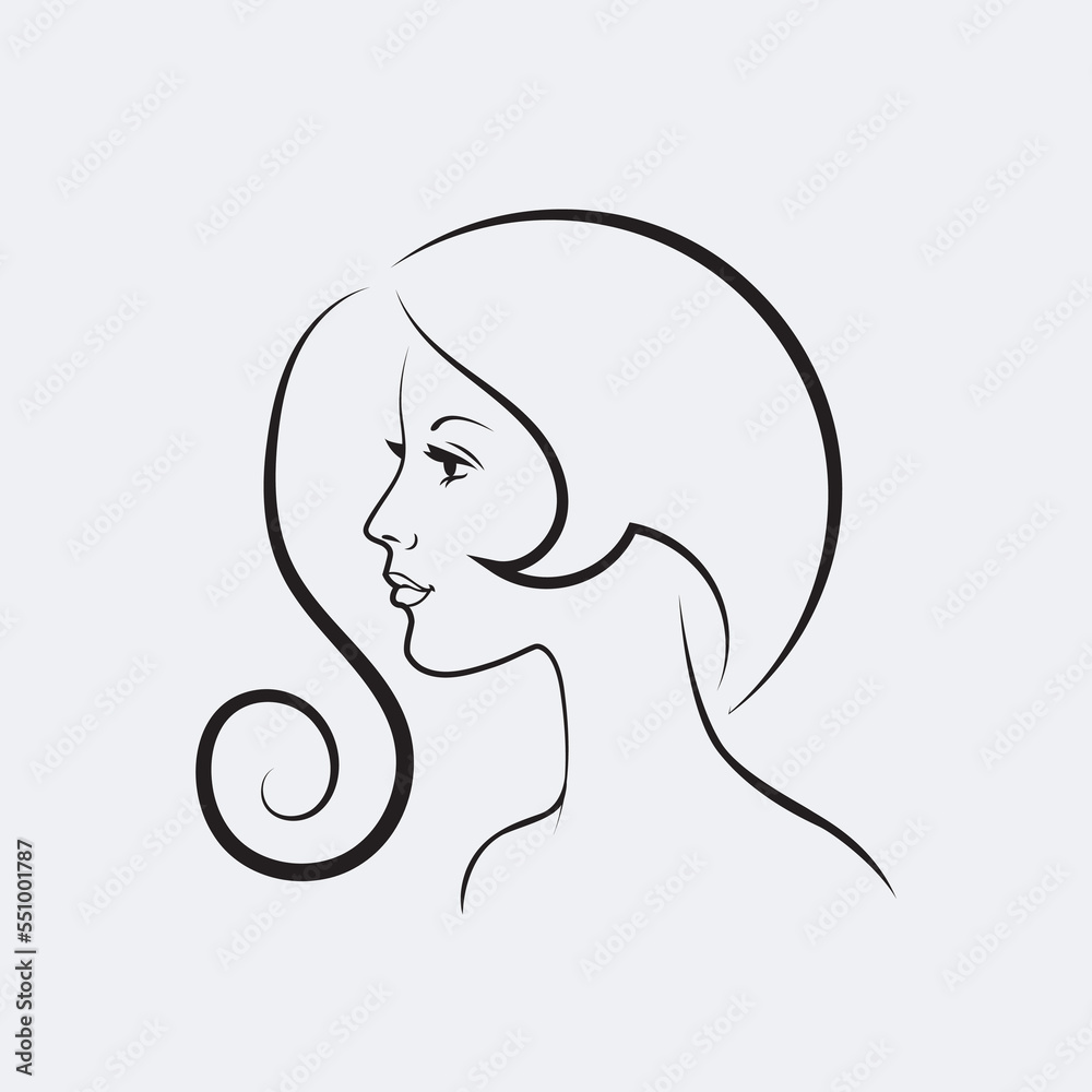 Stylized Beautiful woman's face with long hair silhouette. Women's hair beauty spa salon logo or symbol. Stylized Beautiful woman's face with long hair silhouette. Women's hair beauty spa salon logo or symbol.