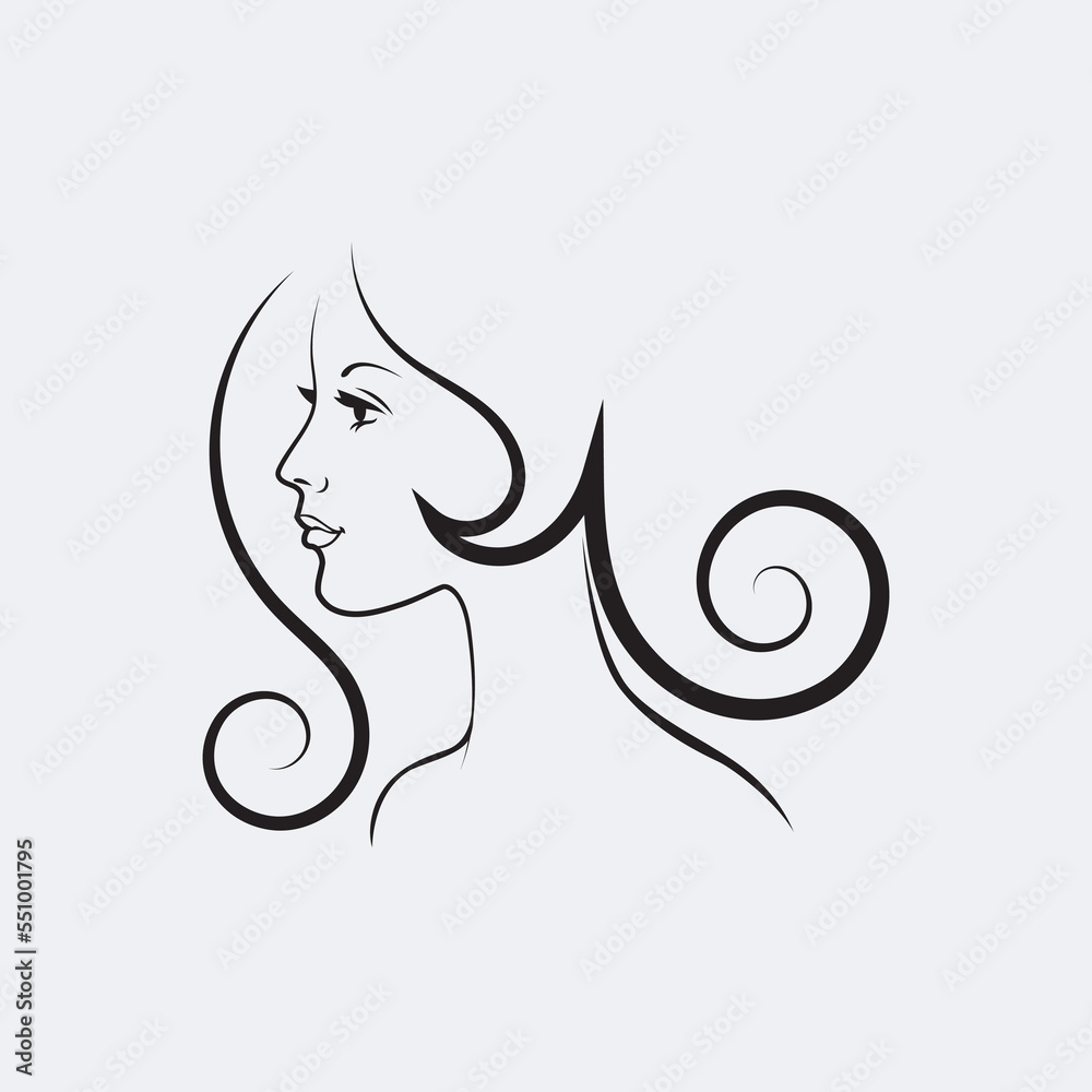Stylized Beautiful woman's face with long hair silhouette. Women's hair beauty spa salon logo or symbol. Stylized Beautiful woman's face with long hair silhouette. Women's hair beauty spa salon logo or symbol.