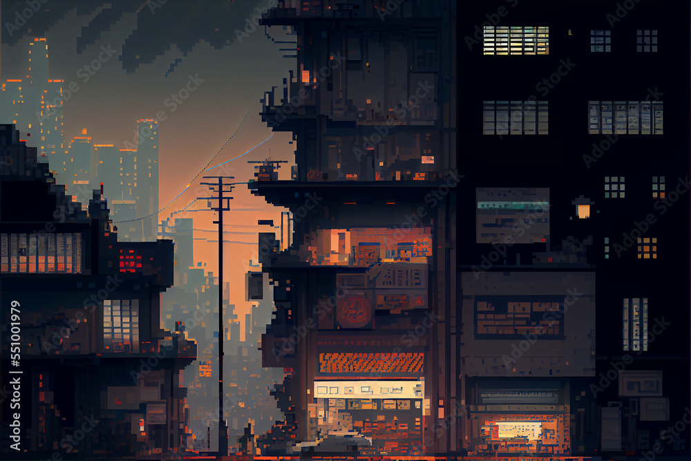 Pixel art of a cyberpunk city at night, 8 bit art ilustração do Stock ...