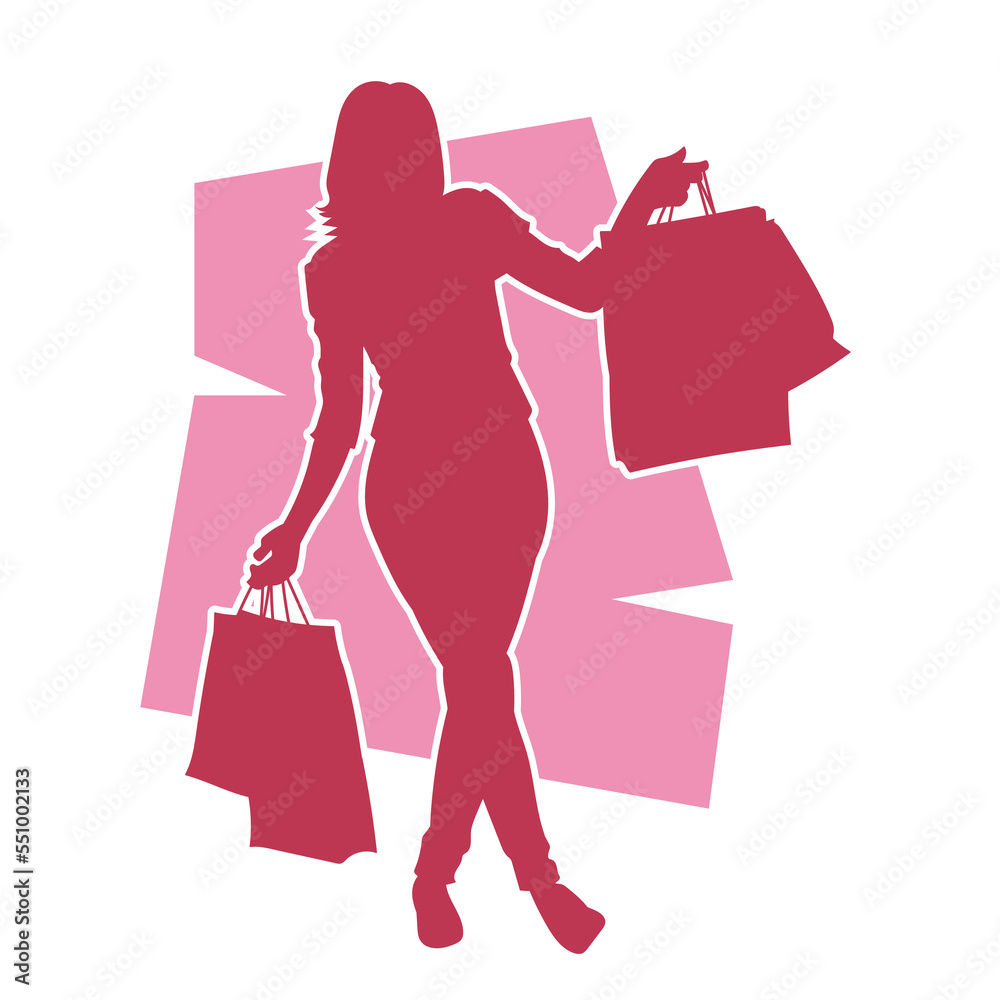 Young woman carrying shopping bag. Vector Red silhouette. on red background.
