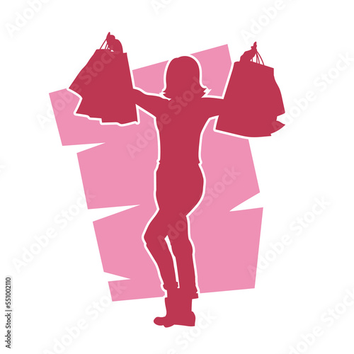 Young woman carrying shopping bag. Vector Red silhouette. on red background.