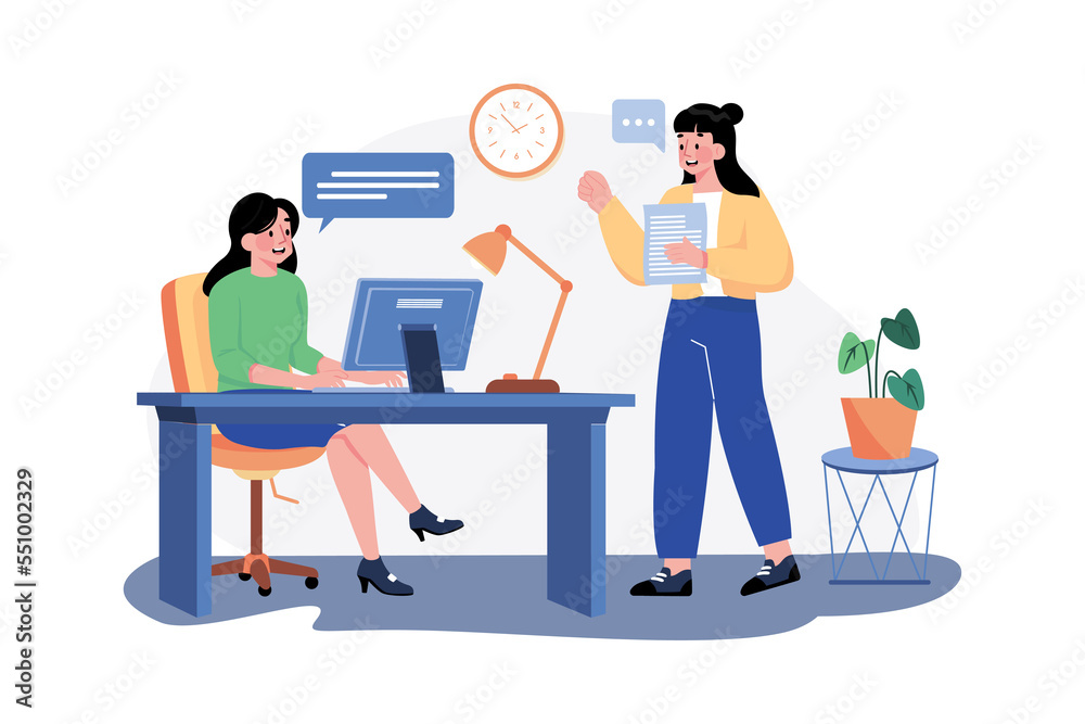 Girl chatting with employees