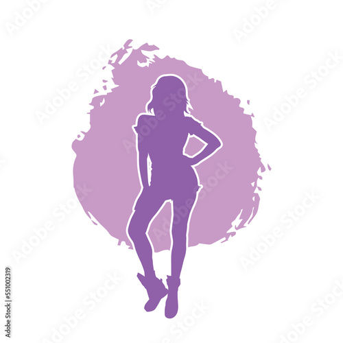 Silhouette of young slim woman standing pose. Isolated vector people. on purple background.