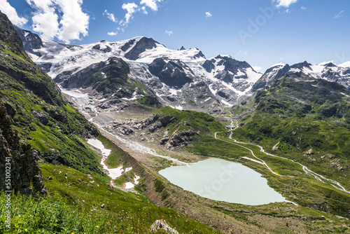 View from the Susten pass high mountain road to Stein Glacier and glacial lake Steinsee, Innertkirchen, Canton of Bern, Switzerland