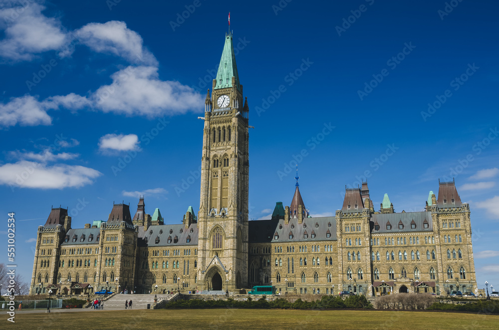 Canadian Parliament Building with Peace Tower on Parliament Hill in Ottawa, Ontario, Canada