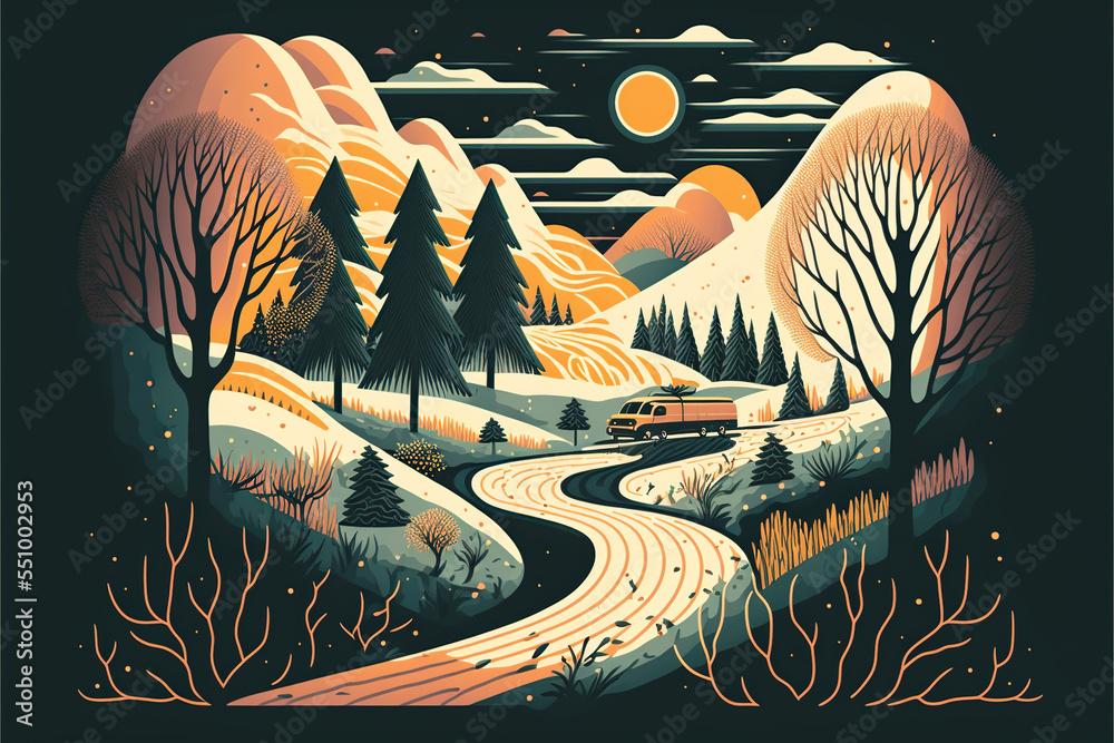Retro illustration of an autumn landscape with trees and beautiful moon, orange and green tones