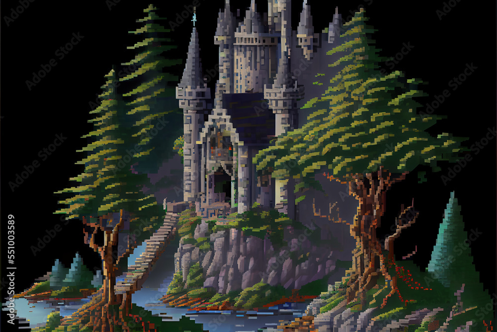 8 bit Pixel art of a castle on a hill