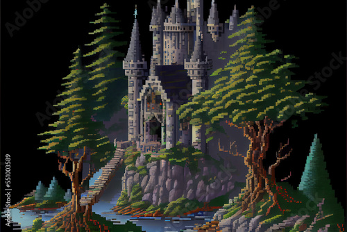 8 bit Pixel art of a castle on a hill © Elka