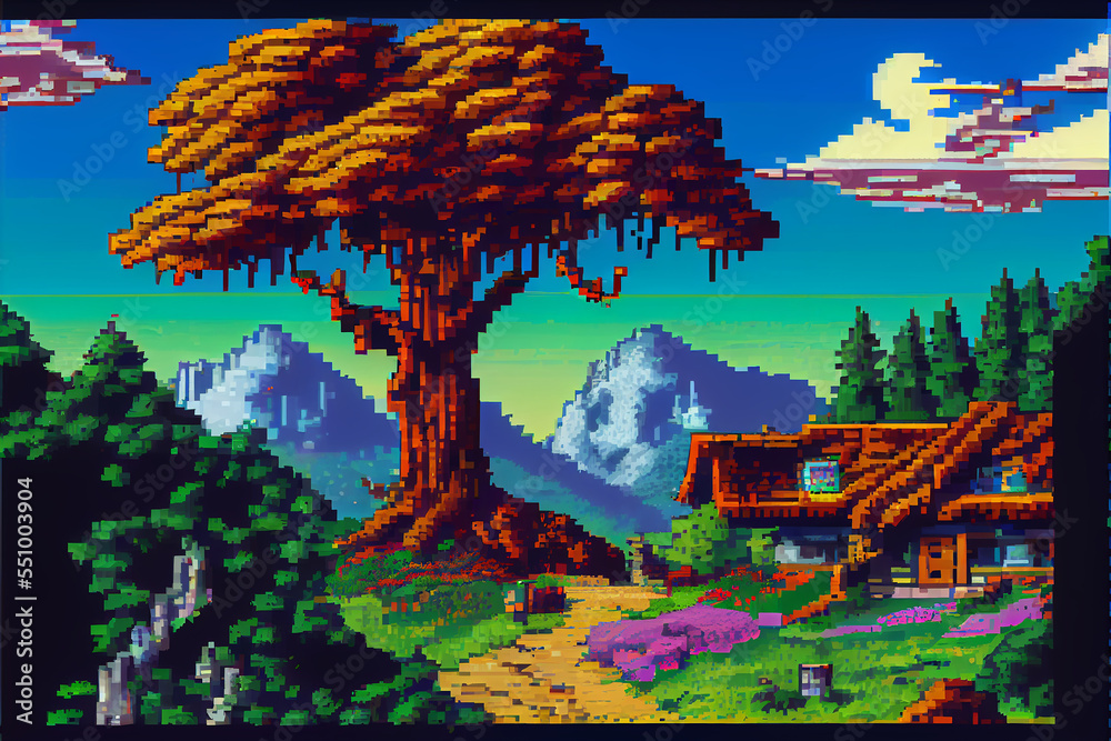 8 bit pixel art fantasy landscape Stock Illustration | Adobe Stock