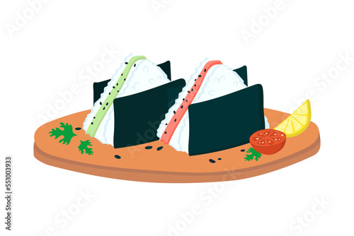 Set of onigiri on a wooden plate