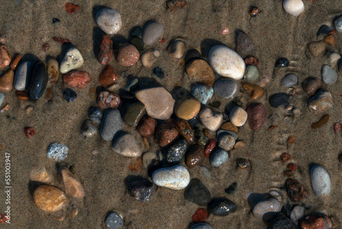Fototapeta Naklejka Na Ścianę i Meble -  Background of multicolored sea pebbles on the shore of the Baltic Sea, Curonian spit, Kaliningrad region, Russia